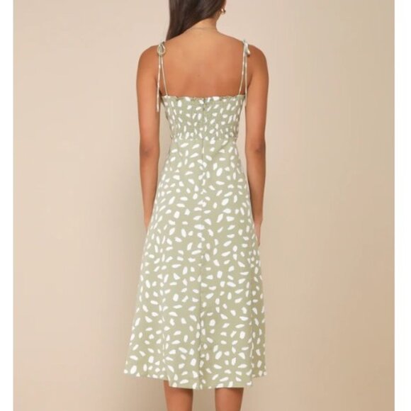 Lulu's Sage Green Print Tie-Strap Midi Dress - Picture 2 of 2